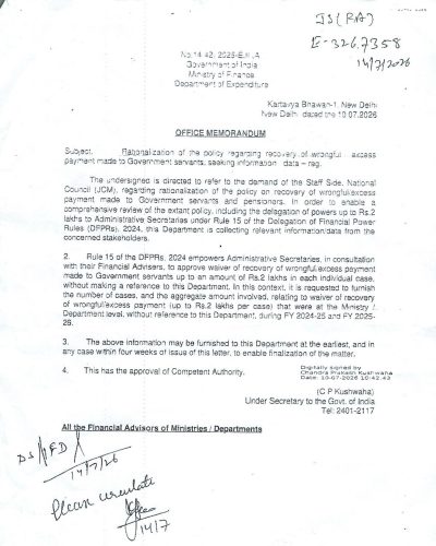 Recovery of wrongful/ excess payment made to Government servants - DoE seeks information to rationalization of the policy 1 recovery of wrongful excess payment policy rationalization