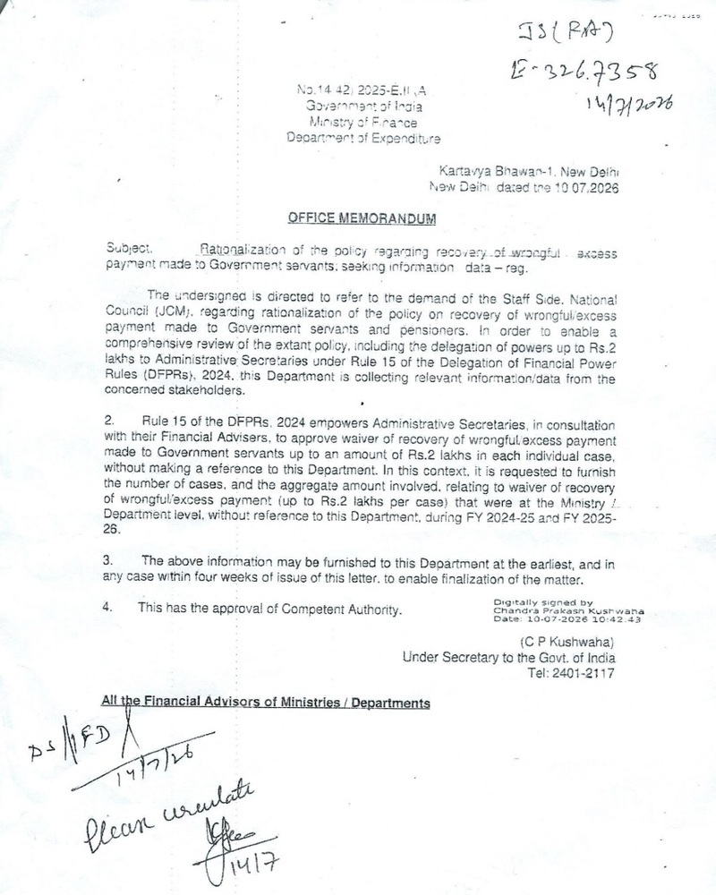Recovery of wrongful/ excess payment made to Government servants – DoE seeks information to rationalization of the policy Recovery of wrongful/ excess payment made to Government servants – DoE seeks information to rationalization of the policy
