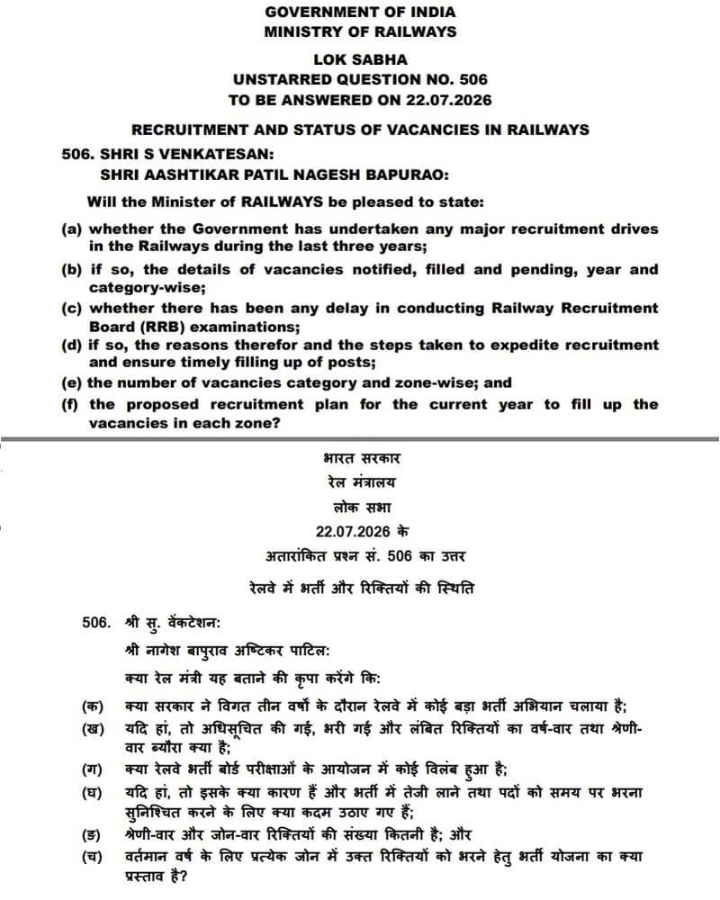 Recruitment and Status of Vacancies in Railways as on 30.06.2026 रेलवे में भर्ती और रिक्तियों की स्थिति Recruitment and Status of Vacancies in Railways as on 30.06.2026 रेलवे में भर्ती और रिक्तियों की स्थिति