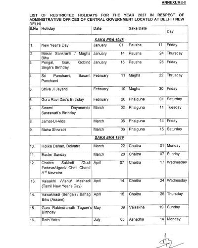 List of Restricted Holidays for the Year 2027 i.r.o. Central Government Offices located at Delhi/New Delhi: DoP&T Order 1 restricted-day-2027-page-1