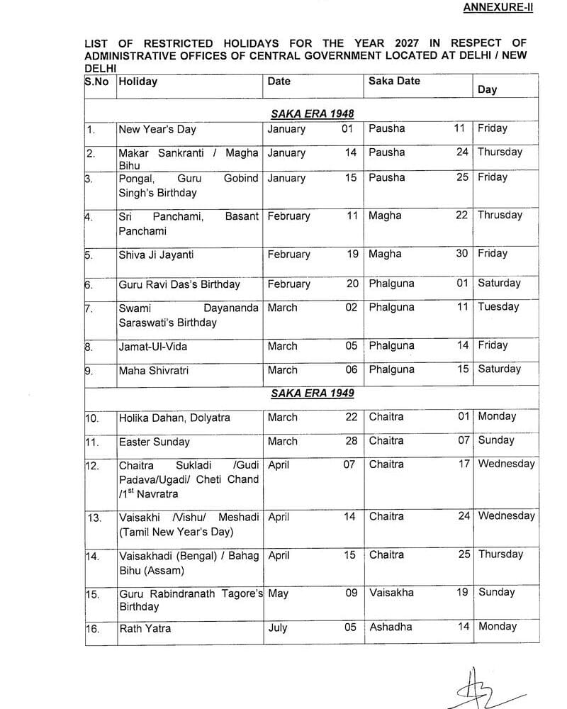 List of Restricted Holidays for the Year 2027 i.r.o. Central Government Offices located at Delhi/New Delhi: DoP&T Order List of Restricted Holidays for the Year 2027 i.r.o. Central Government Offices located at Delhi/New Delhi: DoP&T Order