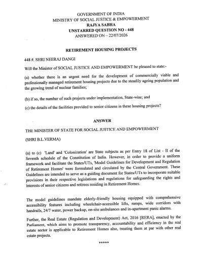 Retirement Housing Project: Elderly Friendly & Professionally Managed सेवानिवृत्ति आवास परियोजना: वरिष्ठ नागरिकों के अनुकूल और पेशेवर तरीके से प्रबंधित 1 retirement housing project rajya sabha us q no 448 eng