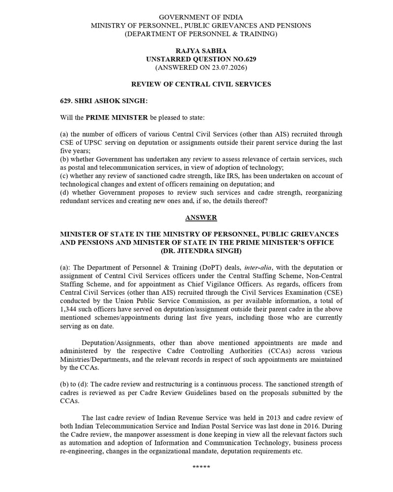 Review of Central Civil Services: Government Clarifies Status of IRS, Postal & Telecom Cadre केंद्रीय सिविल सेवाओं की समीक्षा सरकार द्वारा स्पष्टीकरण Review of Central Civil Services: Government Clarifies Status of IRS, Postal & Telecom Cadre केंद्रीय सिविल सेवाओं की समीक्षा सरकार द्वारा स्पष्टीकरण