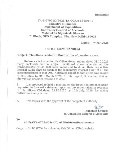 Timelines related to finalization of pension cases - Reminder for Audit Report: CGA, FinMin O.M. 1 timelines-related-to-finalization-of-pension-cases-reminder