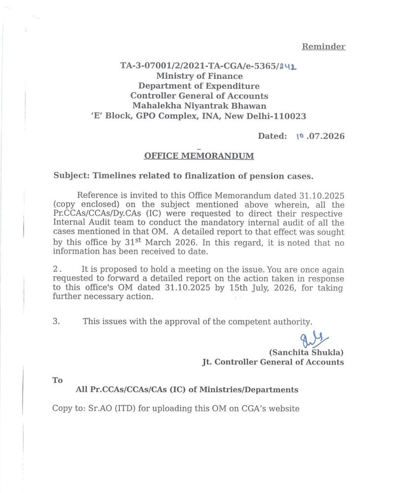 Timelines related to finalization of pension cases – Reminder for Audit Report: CGA, FinMin O.M. Timelines related to finalization of pension cases – Reminder for Audit Report: CGA, FinMin O.M.
