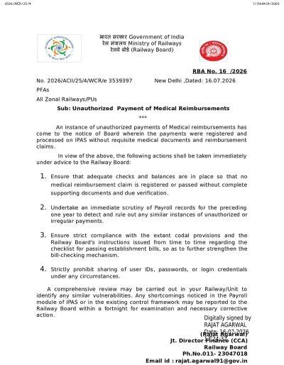 Unauthorized Payment of Medical Reimbursements: Railway Board Order RBA No. 16/2026 for necessary corrective action 1 unauthorized-payment-of-medical-reimbursements