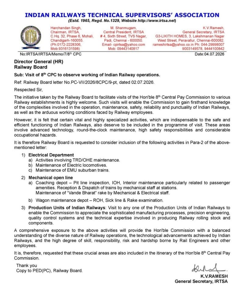 Visit of 8th CPC to observe working of Indian Railway operations – IRTSA Memorandum to enhance itinerary Visit of 8th CPC to observe working of Indian Railway operations – IRTSA Memorandum to enhance itinerary