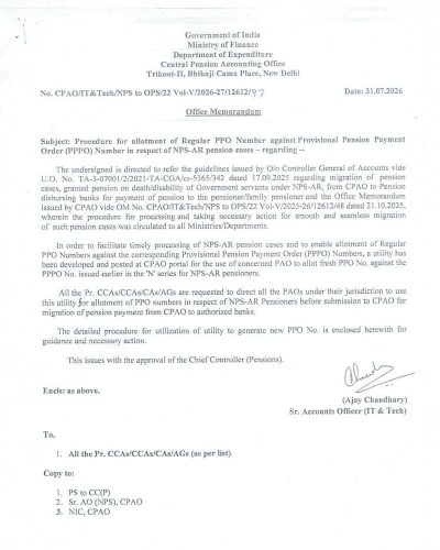 Allotment of Regular PPO Number against Provisional Pension Payment Order (PPPO) Number in respect of NPS-AR pension cases: Procedure 1 allotment-of-regular-ppo-number-i-r-o-nps-ar-pension-cases