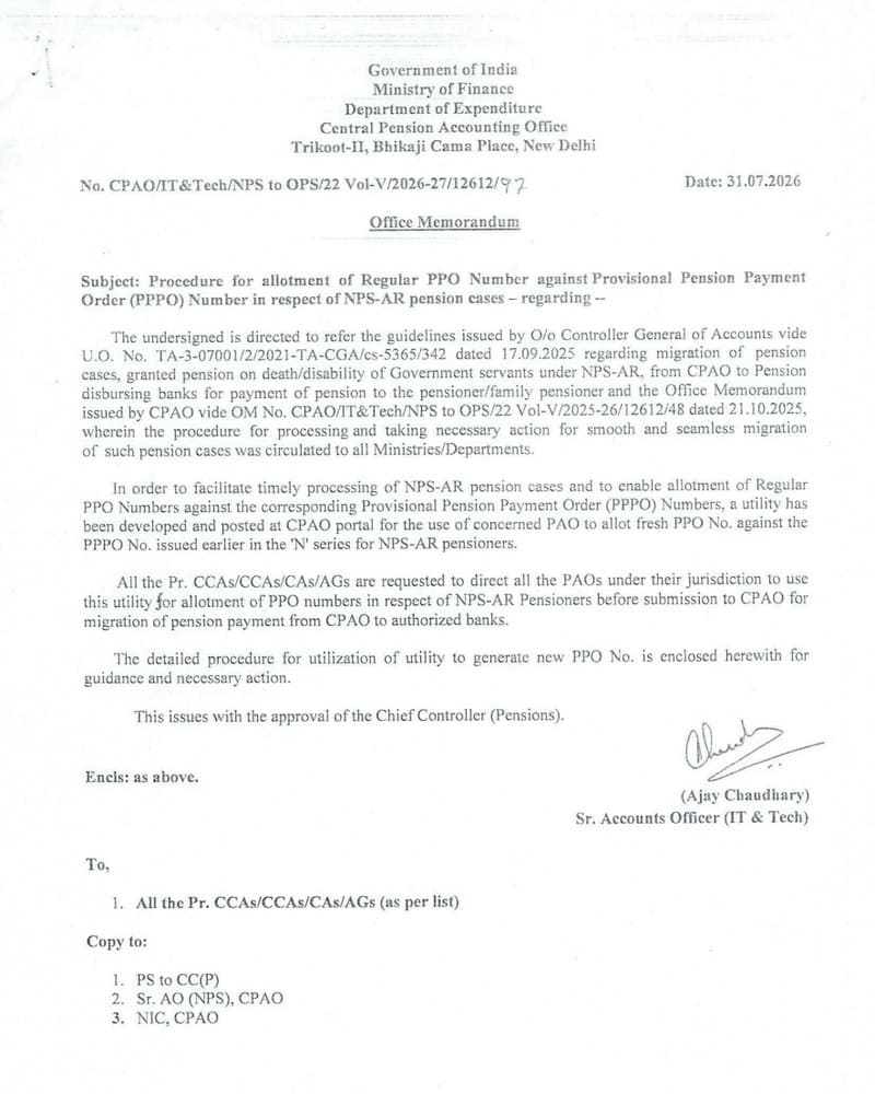 Allotment of Regular PPO Number against Provisional Pension Payment Order (PPPO) Number in respect of NPS-AR pension cases: Procedure Allotment of Regular PPO Number against Provisional Pension Payment Order (PPPO) Number in respect of NPS-AR pension cases: Procedure