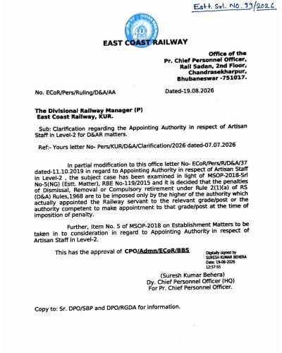 Appointing Authority in respect of Artisan Staff In Level-2 for D&AR matters - Clarification by ECR 1 appointing-authority-in-respect-of-artisan-staff-ecr