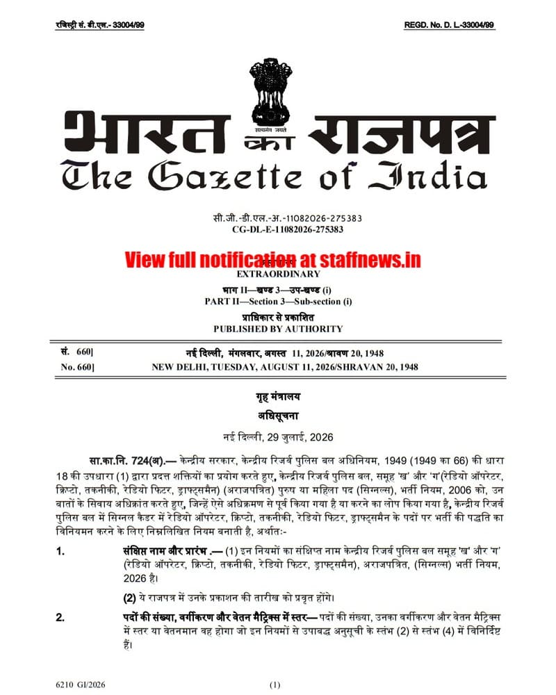Central Reserve Police Force Group ‘B’ and ‘C’ (Radio Operator, Crypto, Technical, Radio Fitter, Draughtsman), Non-Gazetted, (Signals) Recruitment Rules, 2026 Central Reserve Police Force Group ‘B’ and ‘C’ (Radio Operator, Crypto, Technical, Radio Fitter, Draughtsman), Non-Gazetted, (Signals) Recruitment Rules, 2026