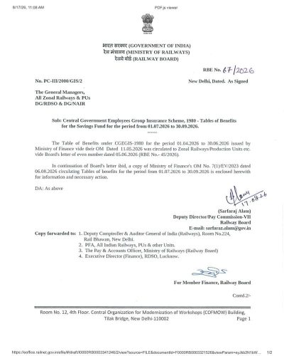 CGEGIS Tables of Benefits for the Period from 01.07.2026 to 30.09.2026: Railway Board RBE No. 67/2026 1 cgegis-tables-from-01-07-2026-to-30-09-2026-rbe-no-67-2026