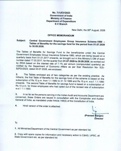CGEGIS Tables of Benefits for the savings fund for the period from 01.07.2026 to 30.09.2026: Department of Expenditure O.M. 1 cgegis-tables-of-benefits-from-jul-2026-to-sep-2026-doe-om