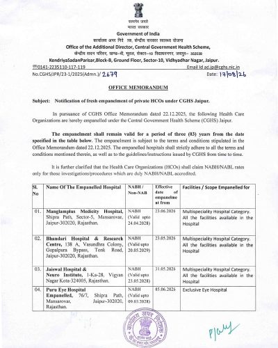 CGHS Jaipur: Notification of fresh empanelment of 79 private HCOs for a period of three (03) years: CGHS O.M. 1 cghs-jaipur-empanelment-om-dt-17-08-06-pg-01