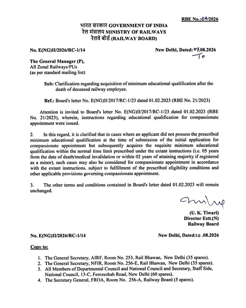 Compassionate Appointment – Acquisition of minimum educational qualification after the death of deceased railway employee: Clarification RBE No. 64/2026 Compassionate Appointment – Acquisition of minimum educational qualification after the death of deceased railway employee: Clarification RBE No. 64/2026