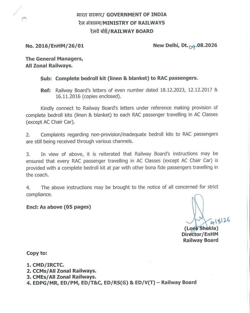 Complete bedroll kit (linen & blanket) to RAC passengers: Railway Board Order on complaints regarding non-provision/inadequate bedroll kits Complete bedroll kit (linen & blanket) to RAC passengers: Railway Board Order on complaints regarding non-provision/inadequate bedroll kits