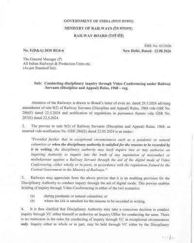 Conducting disciplinary inquiry through Video Conferencing under Railway Servants (D&A) Rules, 1968: RBE No. 65/2026 1 conducting-disciplinary-inquiry-through-video-conferencing-rbe-no-65-2026-01