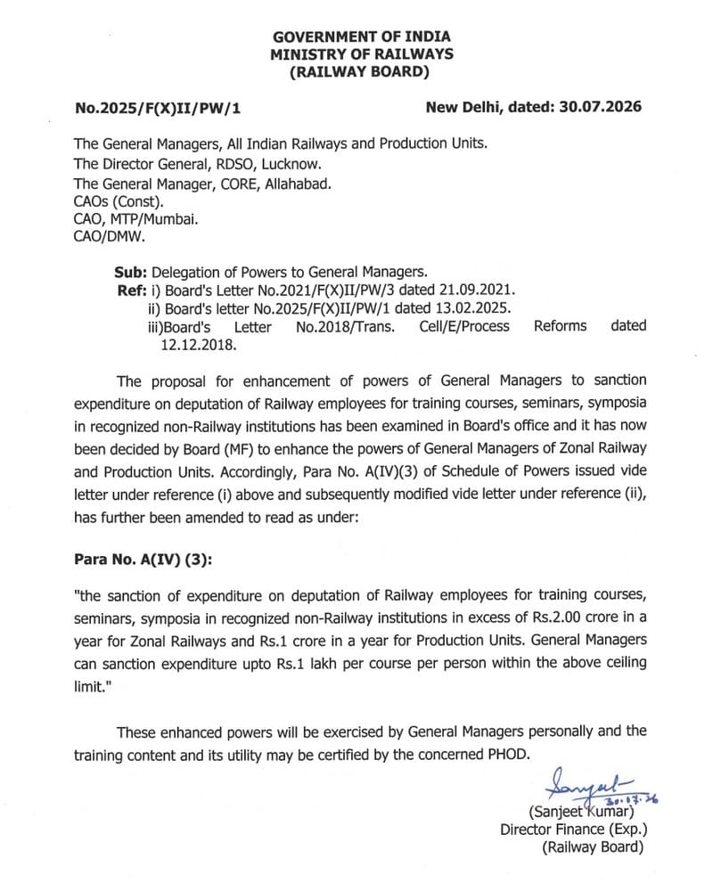 Delegation of Powers to General Managers to sanction expenditure on deputation of Railway employees for training courses Delegation of Powers to General Managers to sanction expenditure on deputation of Railway employees for training courses