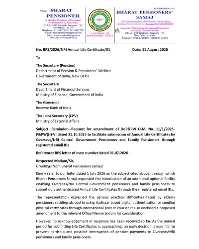 Facilitate submission of Annual Life Certificates by Overseas/NRI Pensioners through registered email IDs: BPS reminder letter to DoPPW and others 1 facilitate-submission-of-annual-life-certificates-by-overseas-nri-pensioners-bps-letter_page-0001