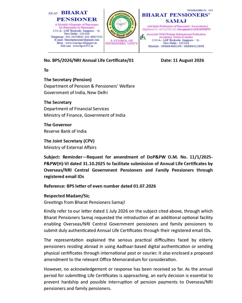 Facilitate submission of Annual Life Certificates by Overseas/NRI Pensioners through registered email IDs: BPS reminder letter to DoPPW and others Facilitate submission of Annual Life Certificates by Overseas/NRI Pensioners through registered email IDs: BPS reminder letter to DoPPW and others