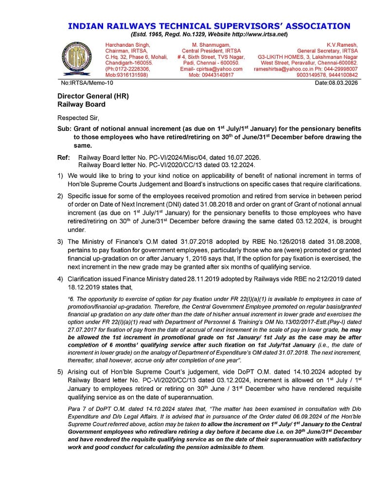 Grant of Notional Increment for the pensionary benefits – IRTSA Memorandum to consider increment under Rule 10 after DNI fixation of pay on promotion/MACP Grant of Notional Increment for the pensionary benefits – IRTSA Memorandum to consider increment under Rule 10 after DNI fixation of pay on promotion/MACP