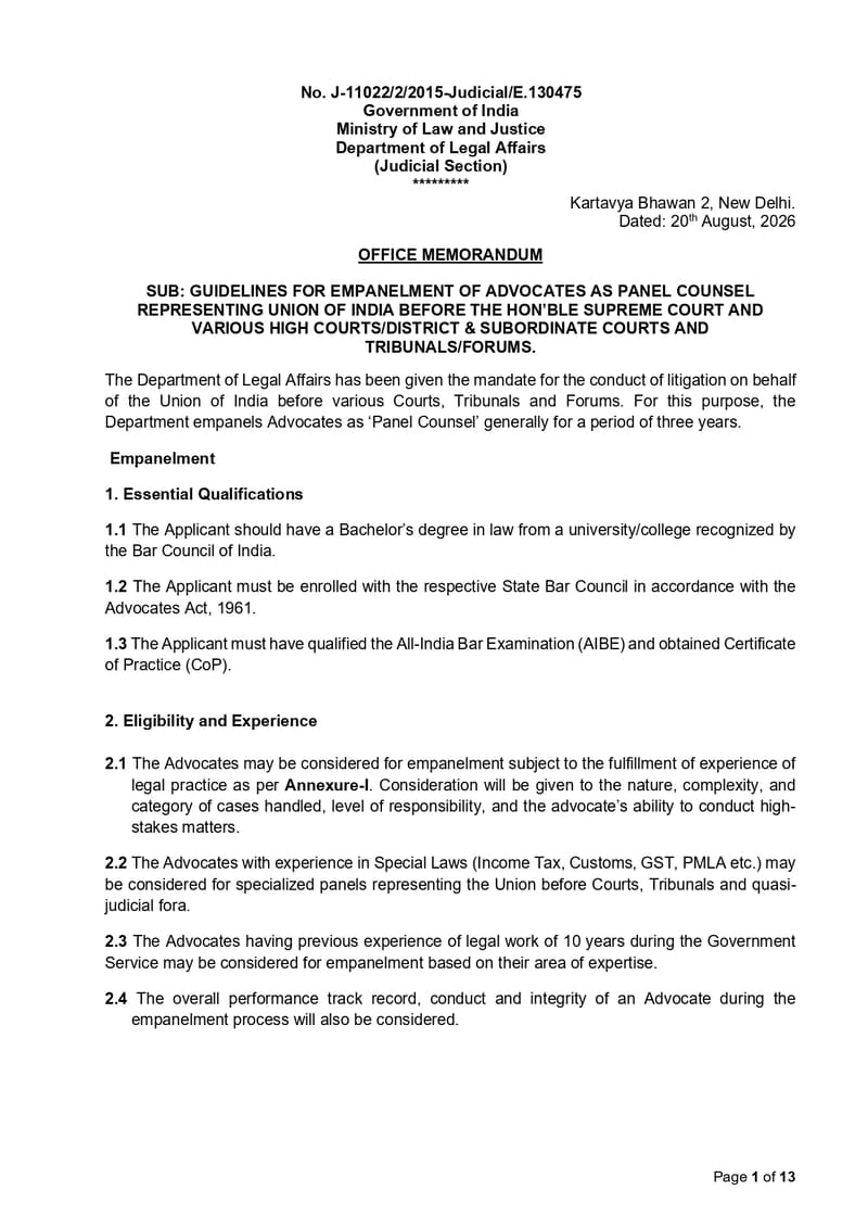 Guidelines for empanelment of Advocates as Panel Counsel representing Union of India Guidelines for empanelment of Advocates as Panel Counsel representing Union of India