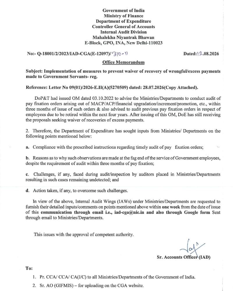 Implementation of measures to prevent waiver of recovery of wrongful/excess payments – DoE seeks Ministry Inputs: CGA Order Implementation of measures to prevent waiver of recovery of wrongful/excess payments – DoE seeks Ministry Inputs: CGA Order