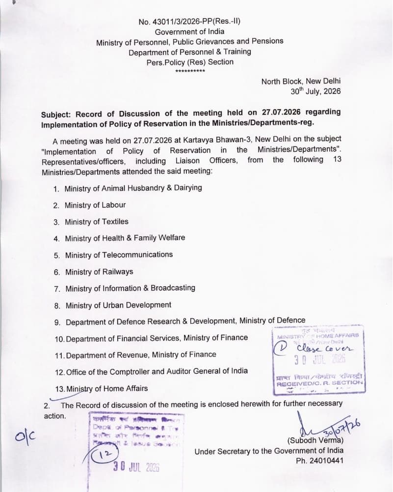 Implementation of Policy of Reservation in the Ministries/Departments – Record of Discussion of the meeting by DoPT Implementation of Policy of Reservation in the Ministries/Departments – Record of Discussion of the meeting by DoPT