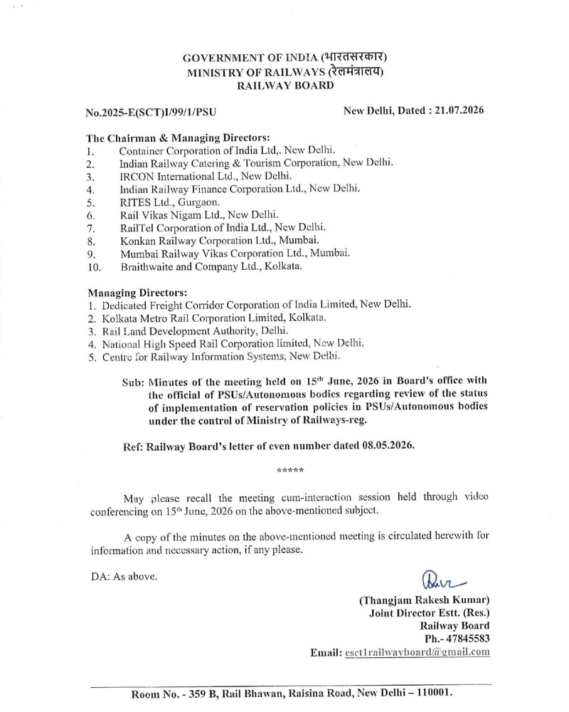 Implementation of reservation policies in PSUs/Autonomous bodies of Ministry of Railways: Minutes of Review Meeting Implementation of reservation policies in PSUs/Autonomous bodies of Ministry of Railways: Minutes of Review Meeting