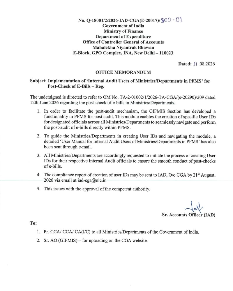 Internal Audit Users of Ministries/Departments in PFMS for Post-Check of E-Bills: CGA, FinMin Order Internal Audit Users of Ministries/Departments in PFMS for Post-Check of E-Bills: CGA, FinMin Order