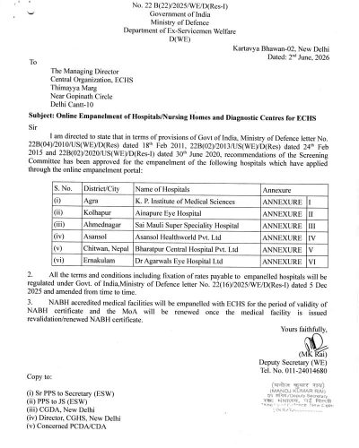 Online Empanelment of Hospitals/Nursing Homes and Diagnostic Centres for ECHS at Agra, Kolhapur, Ahmednagar, Asansol, Chitwan (Nepal) & Ernakulam 1 online empanelment of hospitals for echs 02 06 2026 page 0001