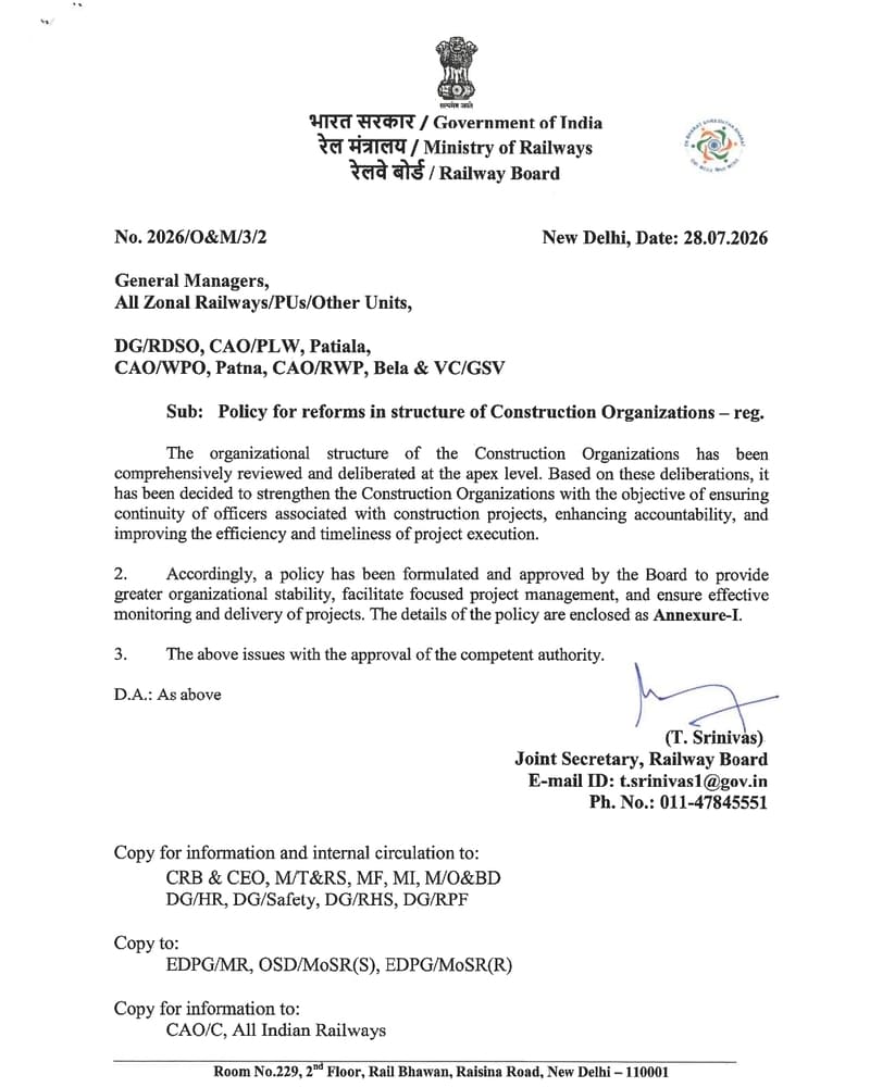 Policy for reforms in structure of Construction Organizations: Railway Board Order Policy for reforms in structure of Construction Organizations: Railway Board Order
