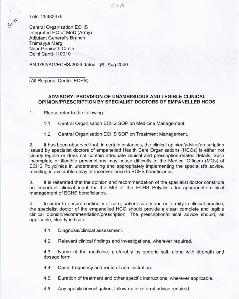 Provision of unambiguous and legible clinical opinion/prescription by Specialist Doctors of empanelled HCOs: ECHS Advisory