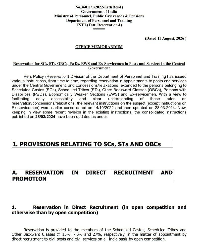 Reservation for SCs, STs, OBCs, PwDs, EWS and Ex-Servicemen in Posts and Services in the Central Government: DoPT Master Circular August, 2026 Reservation for SCs, STs, OBCs, PwDs, EWS and Ex-Servicemen in Posts and Services in the Central Government: DoPT Master Circular August, 2026