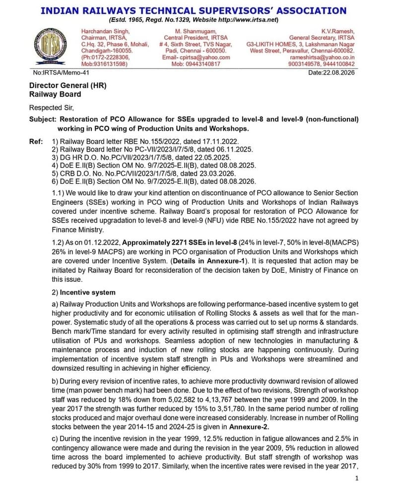 Restoration of PCO Allowance for SSEs upgraded to level-8 and level-9 (non-functional): IRTSA Memorandum Restoration of PCO Allowance for SSEs upgraded to level-8 and level-9 (non-functional): IRTSA Memorandum