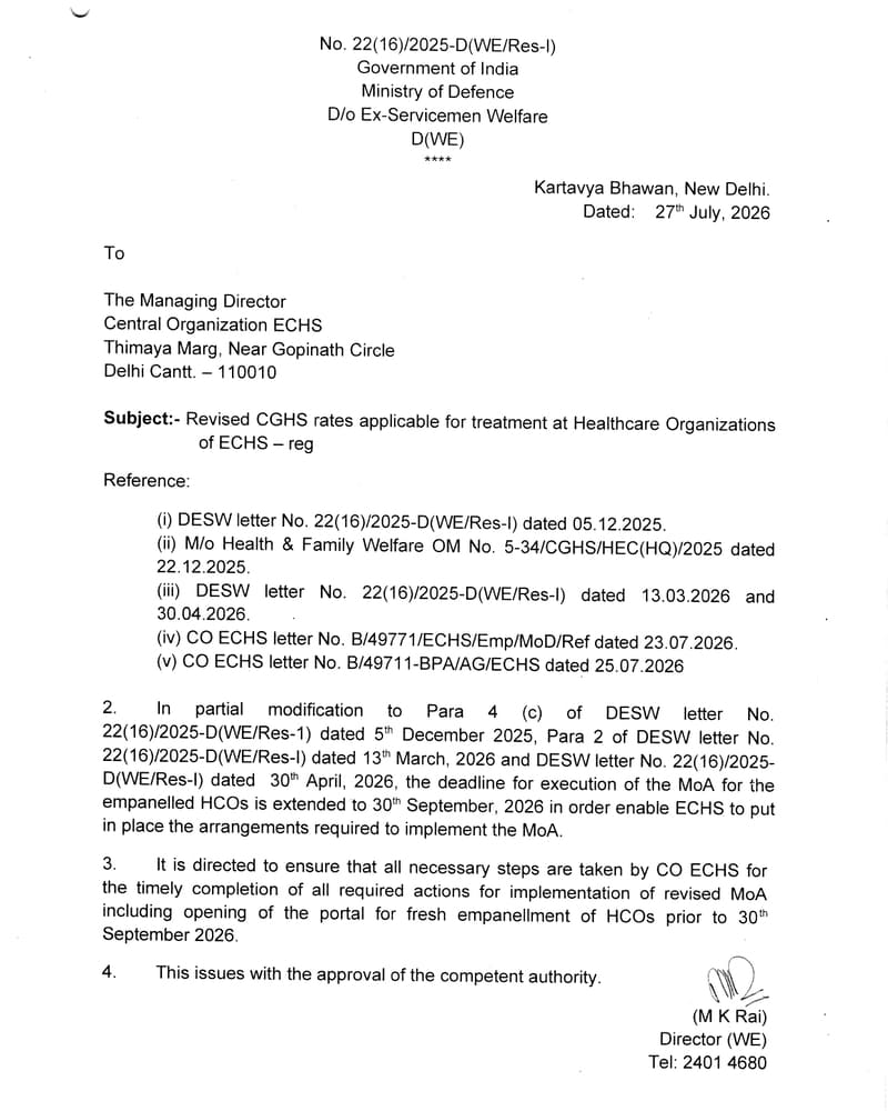 Revised CGHS rates for ECHS Empanelment – MoA for the empanelled HCOs extended to 30 September 2026: DESW Order Revised CGHS rates for ECHS Empanelment – MoA for the empanelled HCOs extended to 30 September 2026: DESW Order