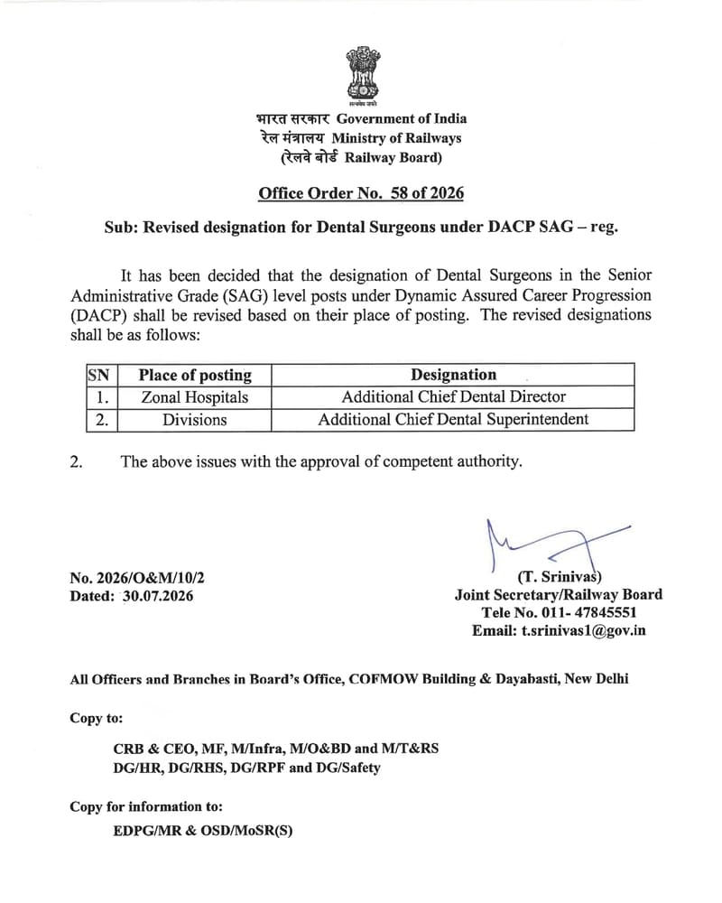 Revised designation for Dental Surgeons under DACP SAG: Railway Board OO No. 58 of 2026 Revised designation for Dental Surgeons under DACP SAG: Railway Board OO No. 58 of 2026