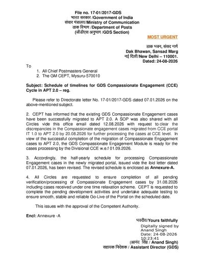 Schedule of timelines for GDS Compassionate Engagement (CCE) Cycle in APT 2.0: Department of Posts Order dated 24.08.2026 1 schedule-of-timelines-for-gds-compassionate-engagement-page-01