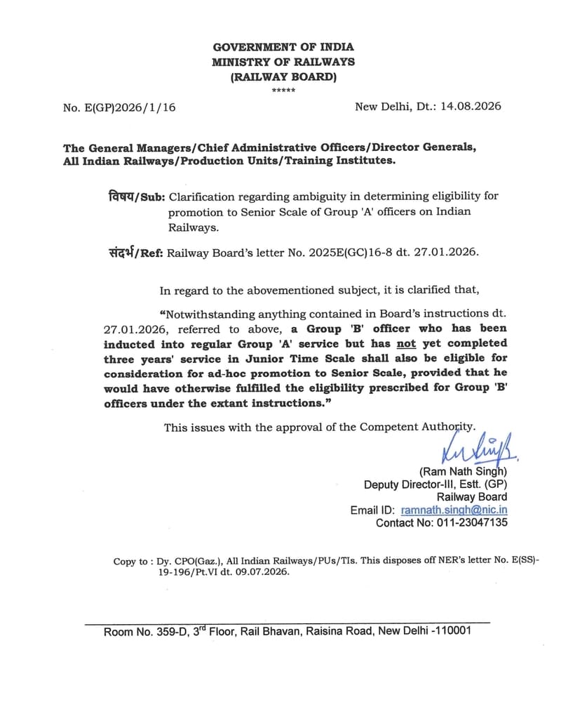 Ambiguity in determining eligibility for promotion to Senior Scale of Group ‘A’ officers on Indian Railways: Clarification by Railway Board Ambiguity in determining eligibility for promotion to Senior Scale of Group ‘A’ officers on Indian Railways: Clarification by Railway Board