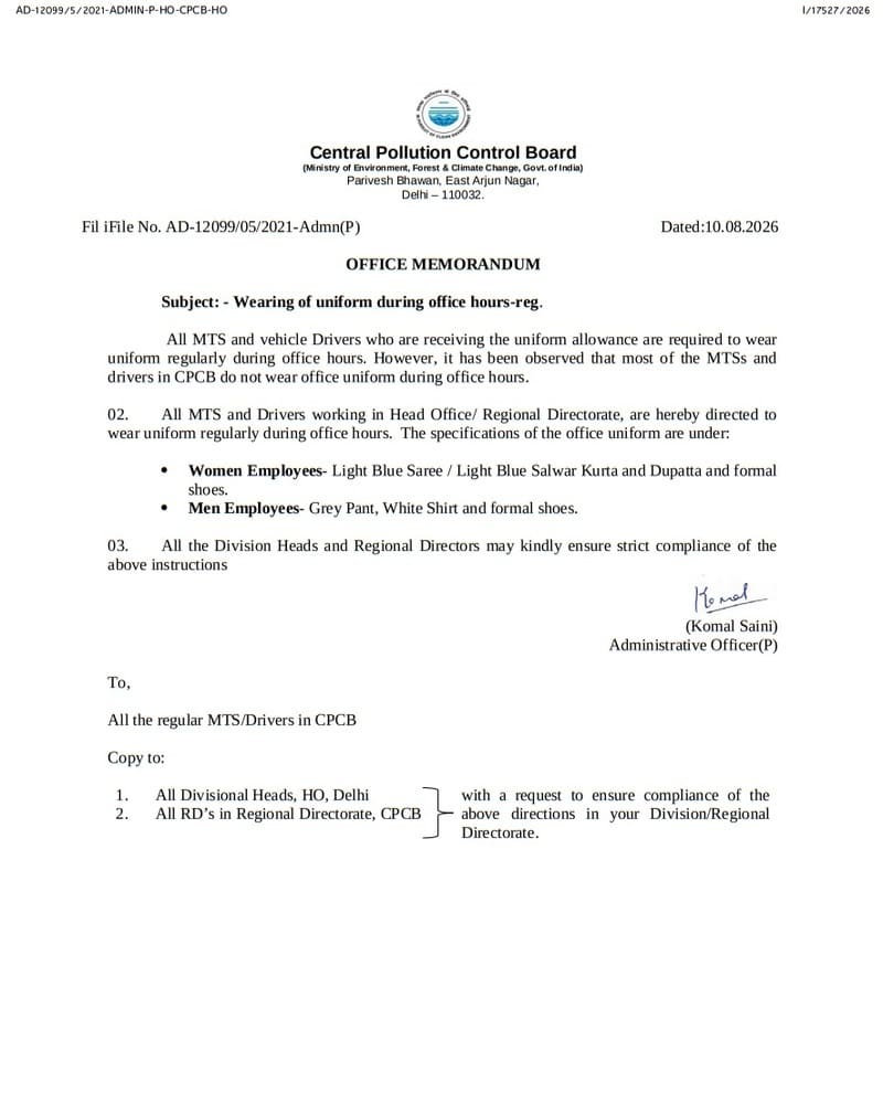 Wearing of uniform during office hours by MTS & Drivers who are receiving the uniform allowance: CPCB Wearing of uniform during office hours by MTS & Drivers who are receiving the uniform allowance: CPCB
