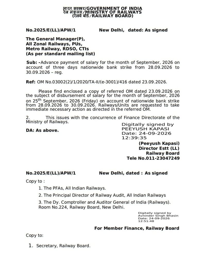Advance payment of salary for the month of September, 2026 on account of 3 days bank strike: Railway Board Order