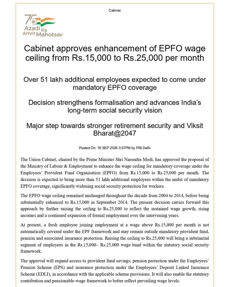 Cabinet approves enhancement of EPFO wage ceiling to Rs. 25,000 कैबिनेट ने ईपीएफओ वेतन सीमा बढ़ाकर 25,000 रुपये करने की मंजूरी दी Cabinet approves enhancement of EPFO wage ceiling to Rs. 25,000 कैबिनेट ने ईपीएफओ वेतन सीमा बढ़ाकर 25,000 रुपये करने की मंजूरी दी
