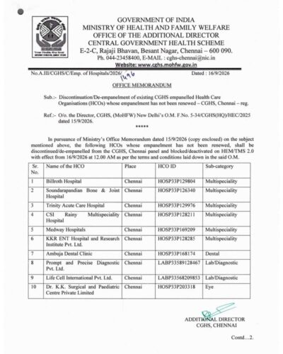 cghs-chennai-discontinuation-de-empanelment-of-existing-10-hcos