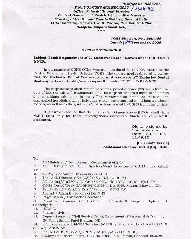 CGHS Delhi & NCR – Fresh Empanelment of 27 Exclusive Dental Centres CGHS Delhi & NCR – Fresh Empanelment of 27 Exclusive Dental Centres