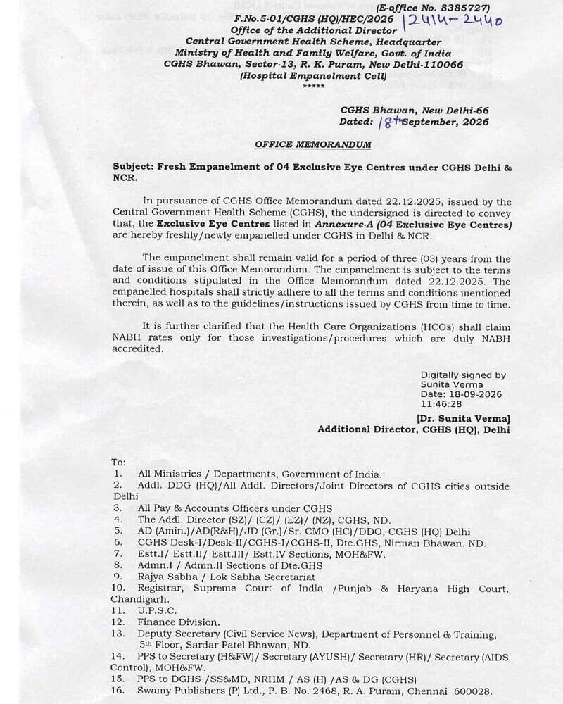 CGHS Delhi & NCR – Fresh Empanelment of 04 Exclusive Eye Centres w.e.f. 18.09.2026 CGHS Delhi & NCR – Fresh Empanelment of 04 Exclusive Eye Centres w.e.f. 18.09.2026