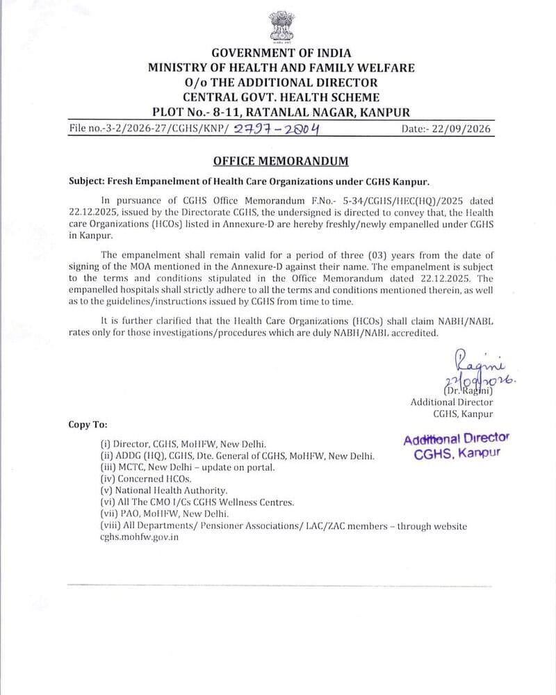 CGHS Kanpur – Fresh empanelment of 3 Health Care Organization for a period of 3 years from the date of MoU CGHS Kanpur – Fresh empanelment of 3 Health Care Organization for a period of 3 years from the date of MoU