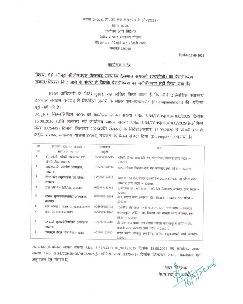 CGHS Lucknow – De-empanelment of existing 9 empanelled Health Care Organisations (HCOs) whose empanelment has not been renewed CGHS Lucknow – De-empanelment of existing 9 empanelled Health Care Organisations (HCOs) whose empanelment has not been renewed