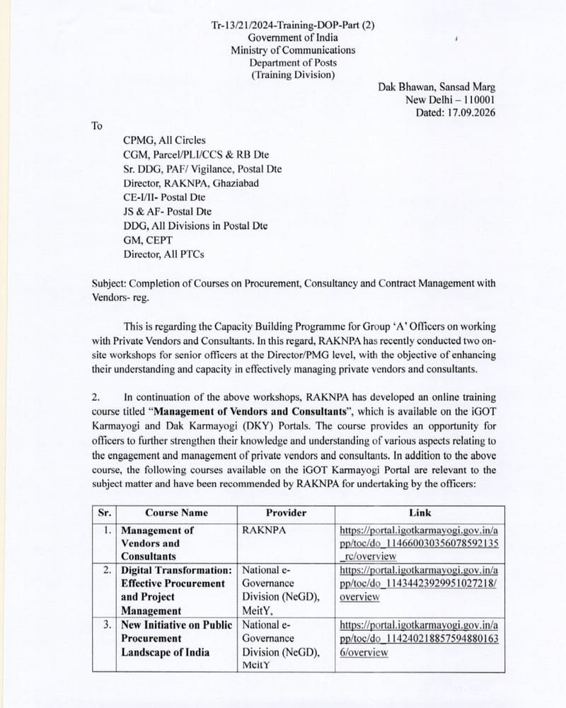 Completion of Courses on Procurement, Consultancy and Contract Management with Vendors by Group “A” Officers: Department of Posts Order Completion of Courses on Procurement, Consultancy and Contract Management with Vendors by Group “A” Officers: Department of Posts Order