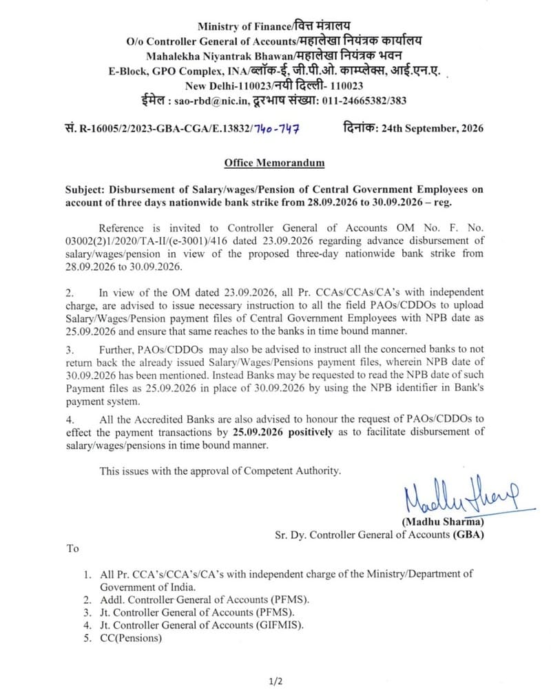 Disbursement of Salary/Wages/Pension of CG Employees/Pensioners: NPB Date 25.09.2026 and Instructions to Banks issued by CGA Disbursement of Salary/Wages/Pension of CG Employees/Pensioners: NPB Date 25.09.2026 and Instructions to Banks issued by CGA