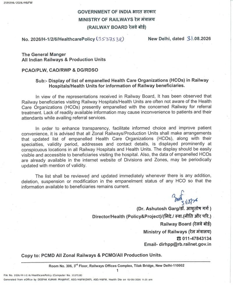 Display of list of empanelled Health Care Organizations (HCOs) in Railway Hospitals/Health Units for information of Railway beneficiaries Display of list of empanelled Health Care Organizations (HCOs) in Railway Hospitals/Health Units for information of Railway beneficiaries